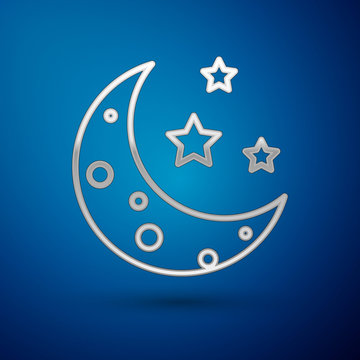 Silver Moon and stars icon isolated on blue background. Vector Illustration
