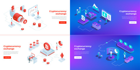 Cryptocurrency exchange and blockchain 3d isometric vector set.