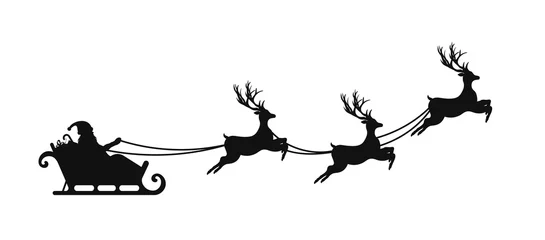 Fotobehang Santa Claus is flying in sleigh with Christmas reindeer. Silhouette of Santa Claus, sleigh with Christmas presents and reindeer © Yevhenii