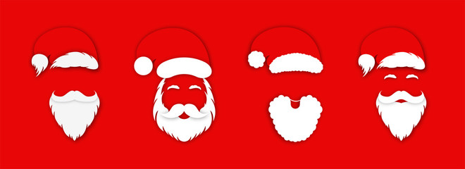 Fototapeta na wymiar Santa Claus hat with beard. Set of Christmas Santa Claus hats for costume and mask, design element