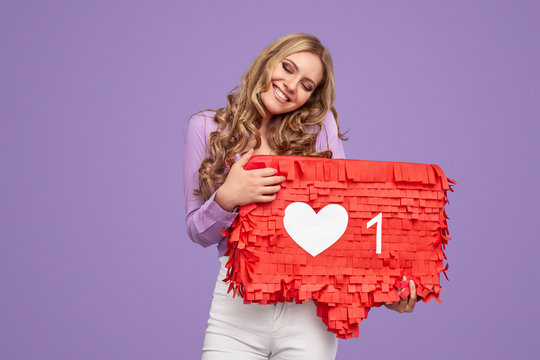 Glad woman embracing social media banner