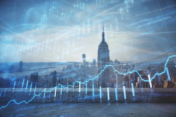 Forex graph on city view with skyscrapers background multi exposure. Financial analysis concept.