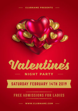 Valentines day party flyer or poster design template invitation or greeting card vector illustration