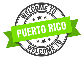 Puerto Rico stamp. welcome to Puerto Rico green sign