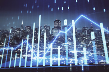 Financial graph on night city scape with tall buildings background double exposure. Analysis concept.