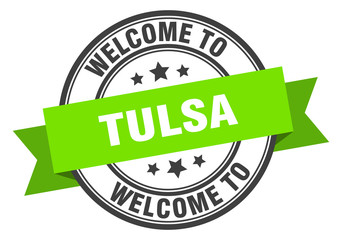 Tulsa stamp. welcome to Tulsa green sign
