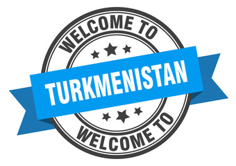 Turkmenistan stamp. welcome to Turkmenistan blue sign