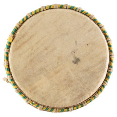 Naklejka premium Ethnic musical instrument. African drum top made of goat skin isolated on white background