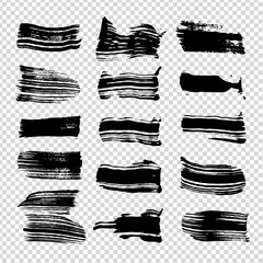 Abstract straight black brushstrokes isolated on imitation transparent background