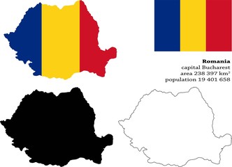 Fototapeta premium Romania vector map, flag, borders, mask , capital, area and population infographic