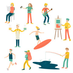 Obraz premium Set of girls and boys doing their hobbies vector illustration