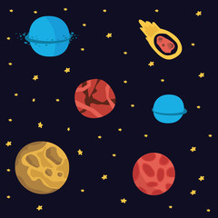 Space, cosmos flat hand drawn. Galaxy exploration cartoon illustration.  Childish wallpaper, textile, texture design