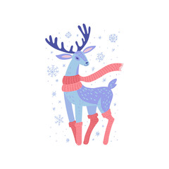 Deer in scarf and knitted stockings. Traditional festive element for christmas decoration, greeting cards and Invitations. Isolated on white background. Flat color hand drawn illustration.