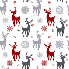Beautiful simple christmas seamless pattern with silhouette of gorgeous deers and snowflake. Amazing winter holiday wallpaper for your design. flat illustration