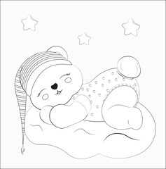 Baby bear sleeps on cloud in striped cap Coloring book