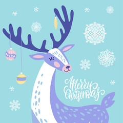 Cute Christmas greeting card, invitation with reindeer with Christmas toys on the horns. Hand drawn deer with snowflakes design. Flat illustration background. © LanaSham