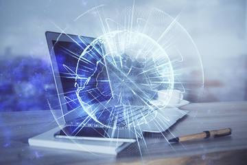 Multi exposure of business theme icons and work space with computer background. Concept of success.