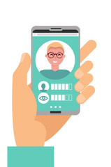 Facial recognition face ID system. Man character scanning app face on screen. Male Hand holding smartphone with scale scanning app on screen. falt cartoon illustration for social media