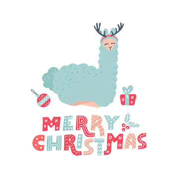Cute cartoon alpaca with overhead antlers for Christmas holiday. Hand drawn llama character doodle color illustration and Christmas elements with lettering text Merry Christmas for poster or greeting