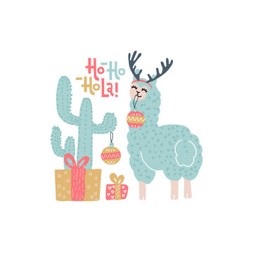 Cute alpaca Christmas greeting card templates for kids with cactus, gift boxes, funny color llama with handwritten text - Ho-ho-ho-la. Llama in antlers Decorates Cactus with Christmass balls.