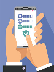 Face recognition, surveillance concepts. Hands holding smartphone, finger touching screen with green shiield. Mobile phone with sclae icon on screen. Modern flat design. illustration