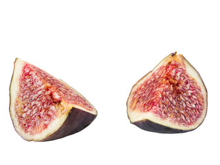 Two slices of purple fig isolated on white background with copy space. Soft, sweet fruit, skin is thin, red flesh has many seeds. Close-up.