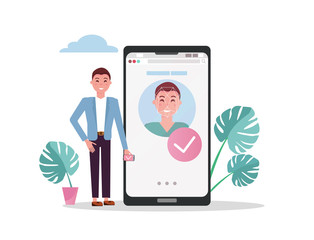 Man with mobile big phone. Accepted male face on smartphone screen, face id concept background, personality recognition, identification. Flat illustration.