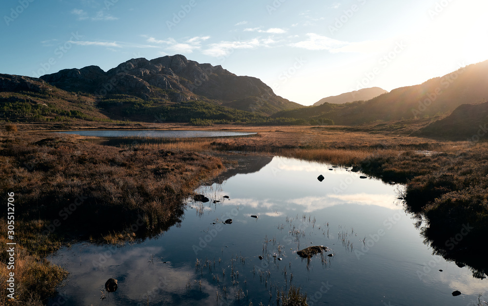 Poster The summit of Meall Lochan a Chleirich on the left with Am Feur Loch in the foreground on a sunny winters day in the Scottish Highlands.