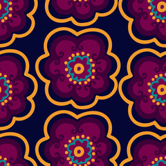 Modern seamless vector with flower decorative in jewel-tone. Can be used for printing on paper, stickers, badges, bijouterie, cards, textiles. 