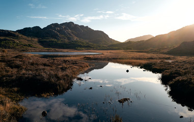 The summit of Meall Lochan a Chleirich on the left with Am Feur Loch in the foreground on a sunny winters day in the Scottish Highlands.