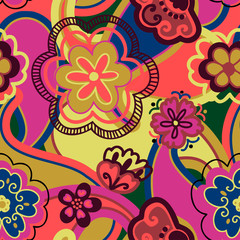 Modern seamless vector with flower decorative in jewel-tone. Can be used for printing on paper, stickers, badges, bijouterie, cards, textiles. 