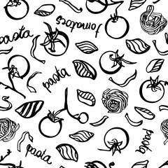 Vector homemade delicious hand drawn noodle pattern withtomatoe and typography. Yummy design for restaurant, kitchen, menu card, cookery and food packaging.