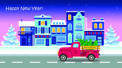 Happy New Year greeting card. Red cartoon truck with Christmas tree. Holiday sale delivery concept. Festive mood for Christmas and new year. Evening city.