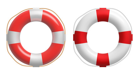 Realistic red and white lifebuoy whith a rope. Vector safety torus. - obrazy, fototapety, plakaty