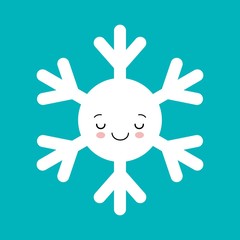 Cute white snowflake in cartoon style on blue background. Adorable snow flakes smiley characters. Funny christmas doodles.