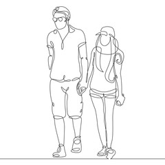 continuous line drawing of young couple, together happy older couple walking 