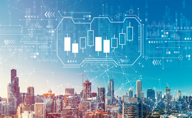 Candlestick chart with downtown Chicago cityscape skyscrapers