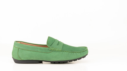 Green suede men moccasin isolated on white.