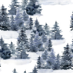 Watercolor Christmas seamless pattern with winter forest. Hand painted foggy fir trees and snow illustration isolated on white background. Holiday illustration for design, print, fabric or background.