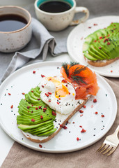 Toast with cream fresh, smoked salmon, poached egg and sliced avocado, and two cups of coffee. 