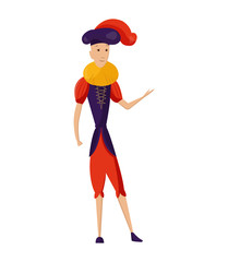 Renaissance clothing vector man character in medieval fashion vintage dress. Historical royal clothes illustration. Baroque people in artistic costume cloth isolated on white background