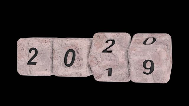 2020 New year change, turn. 2020 start 2019 end, brick dice isolated against white background.
