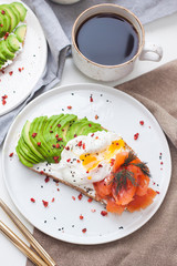 Toast with cream fresh, smoked salmon, poached egg and sliced avocado, and two cups of coffee. 
