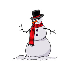 Hand drawn snowman with scarf and top hat. sketch isolated on white background.