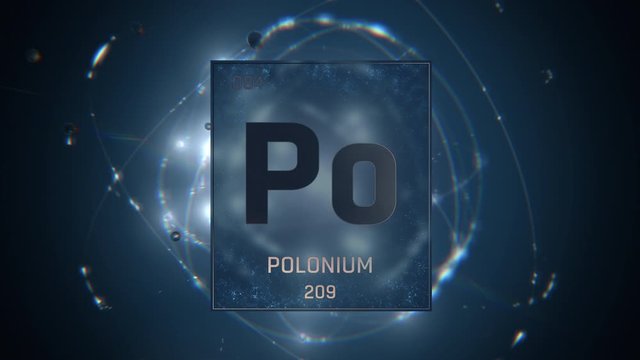 Polonium as Element 84 of the Periodic Table. Seamlessly looping 3D animation on blue illuminated atom design background with orbiting electrons. Design shows name, atomic weight and element number
