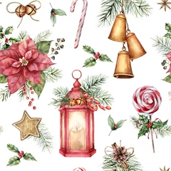 Peel and stick wall murals Christmas motifs Watercolor Christmas seamless pattern with holiday symbols. Hand painted lantern, poinsettia, bells, lollipop isolated on white background. Winter botanical illustration for design, print, background.