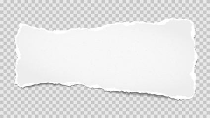 Piece of torn, white realistic horizontal paper strip with soft shadow is on grey squared background. Vector illustration