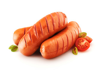 Grilled sausages with herbs and tomato isolated on white background.