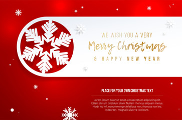 Red Merry Christmas and Happy New Year card with snowflakes