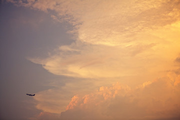 The plane flies on a background of clouds. Sunset.